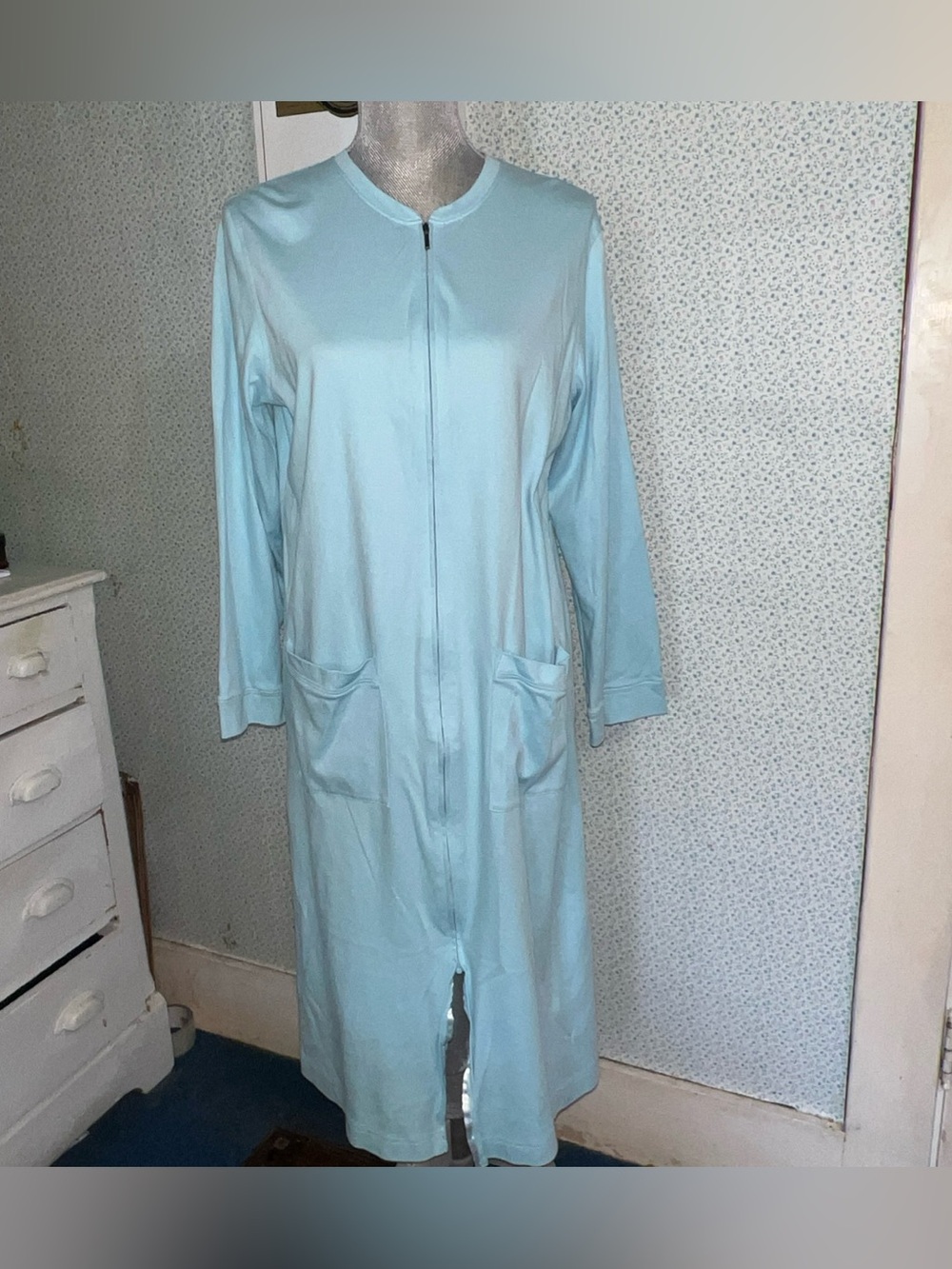 L.L. Bean Full 2 Way Zip Robe House Coat PJ Cotton Long Pockets Blue Size Small